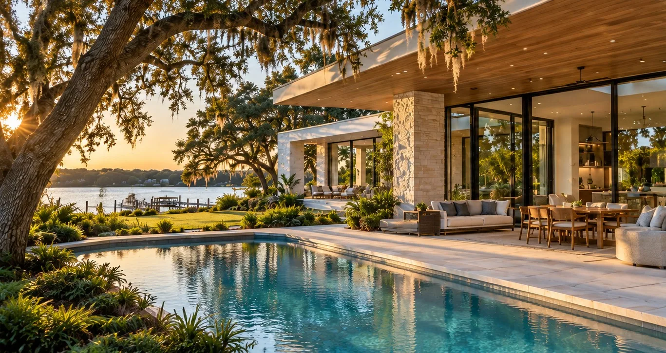 Lakeside home with an open terrace beneath mature trees