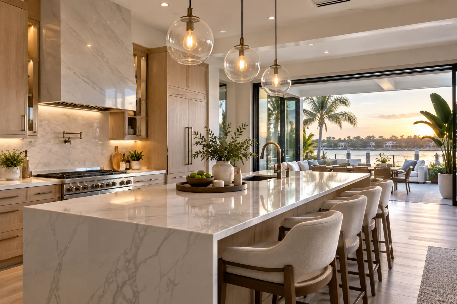 Waterfront kitchen with a marble island, oak cabinetry and an open terrace at sunset
