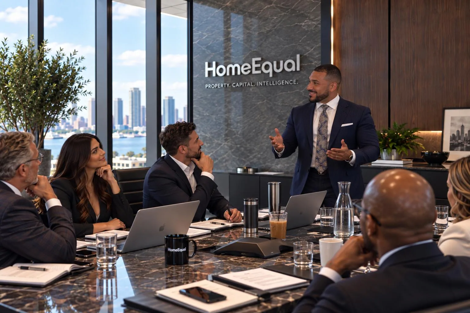 HomeEqual-branded boardroom scene with a presentation around a conference table