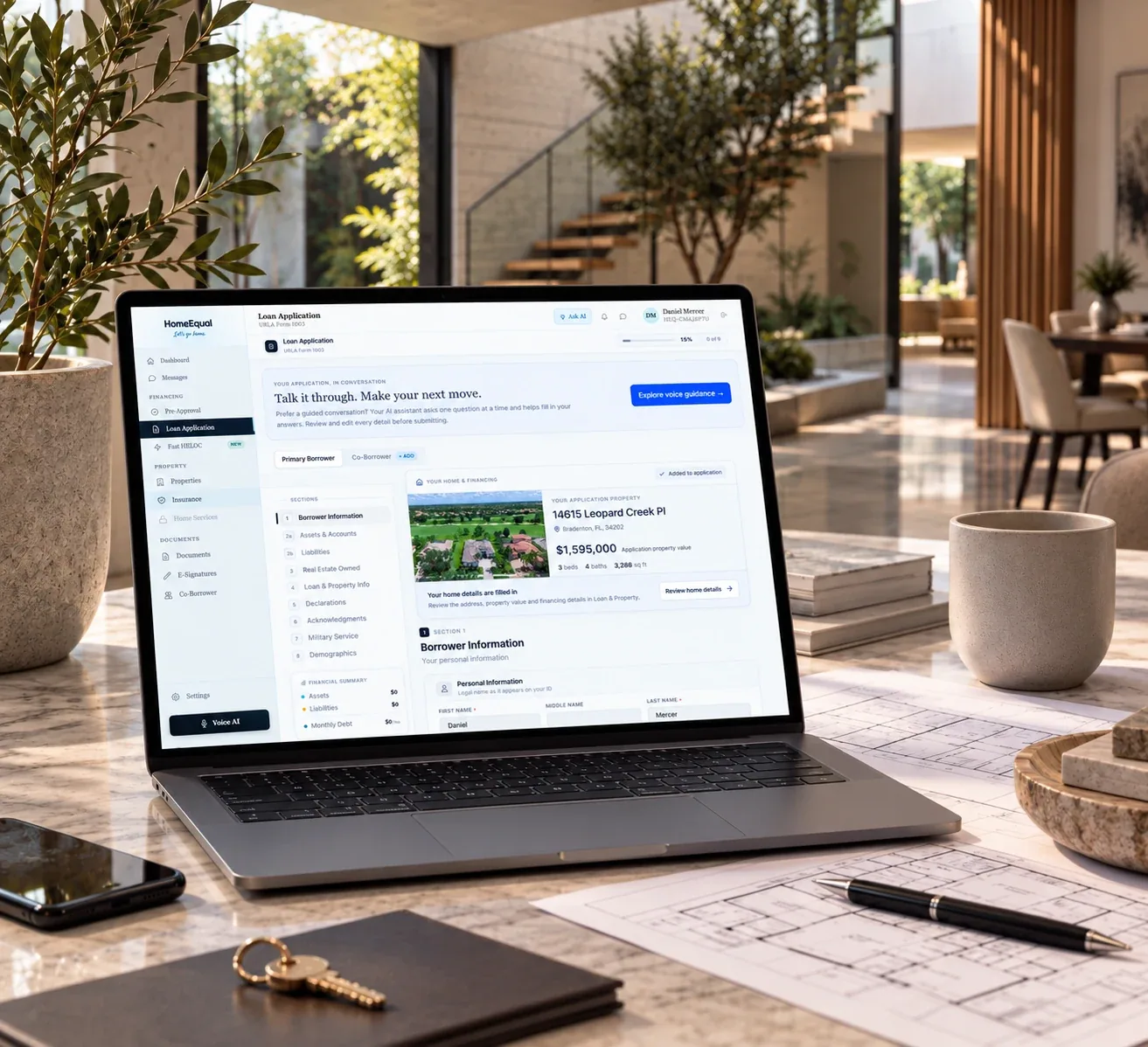 HomeEqual borrower portal displayed on a laptop inside a contemporary Florida residence