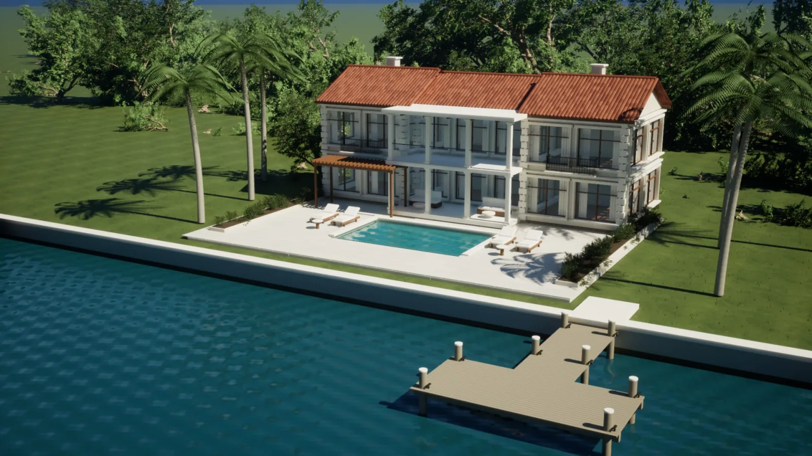 Original South Florida waterfront estate render with covered limestone terraces, palms, an infinity-edge pool and a private dock